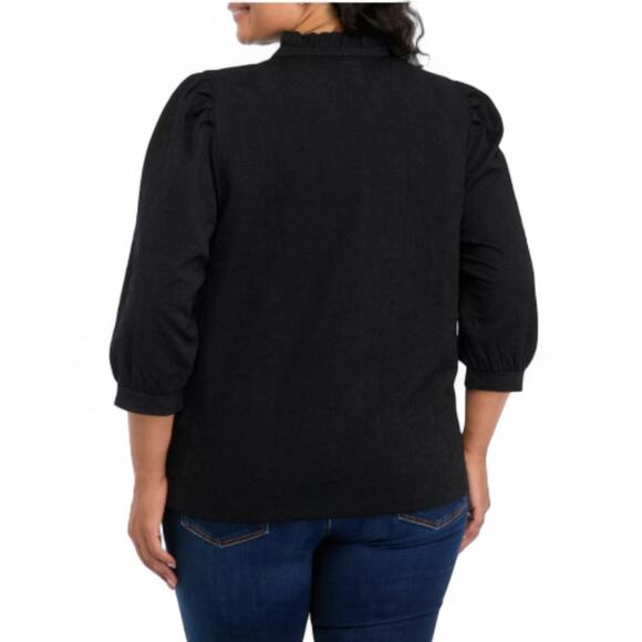 Crown & Ivy Black Jacquard Top Blouse Plus 4X Ruffle V-Neck 3/4 Sleeve NWT - Picture 7 of 9